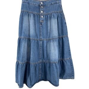 Denim Tiered Maxi Skirt Womens Small Blue Button Western Boho Country Prairie